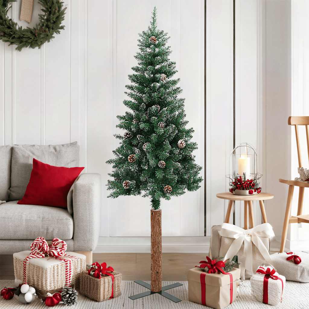 vidaXL Úzky vianočný stromček, pravé drevo a biely sneh, zelený 150 cm