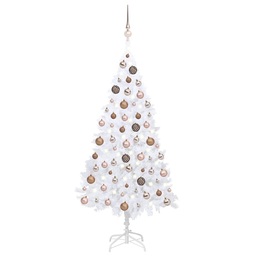 vidaXL Osvetlený umelý vianočný stromček s guľami, biely 150 cm, PVC