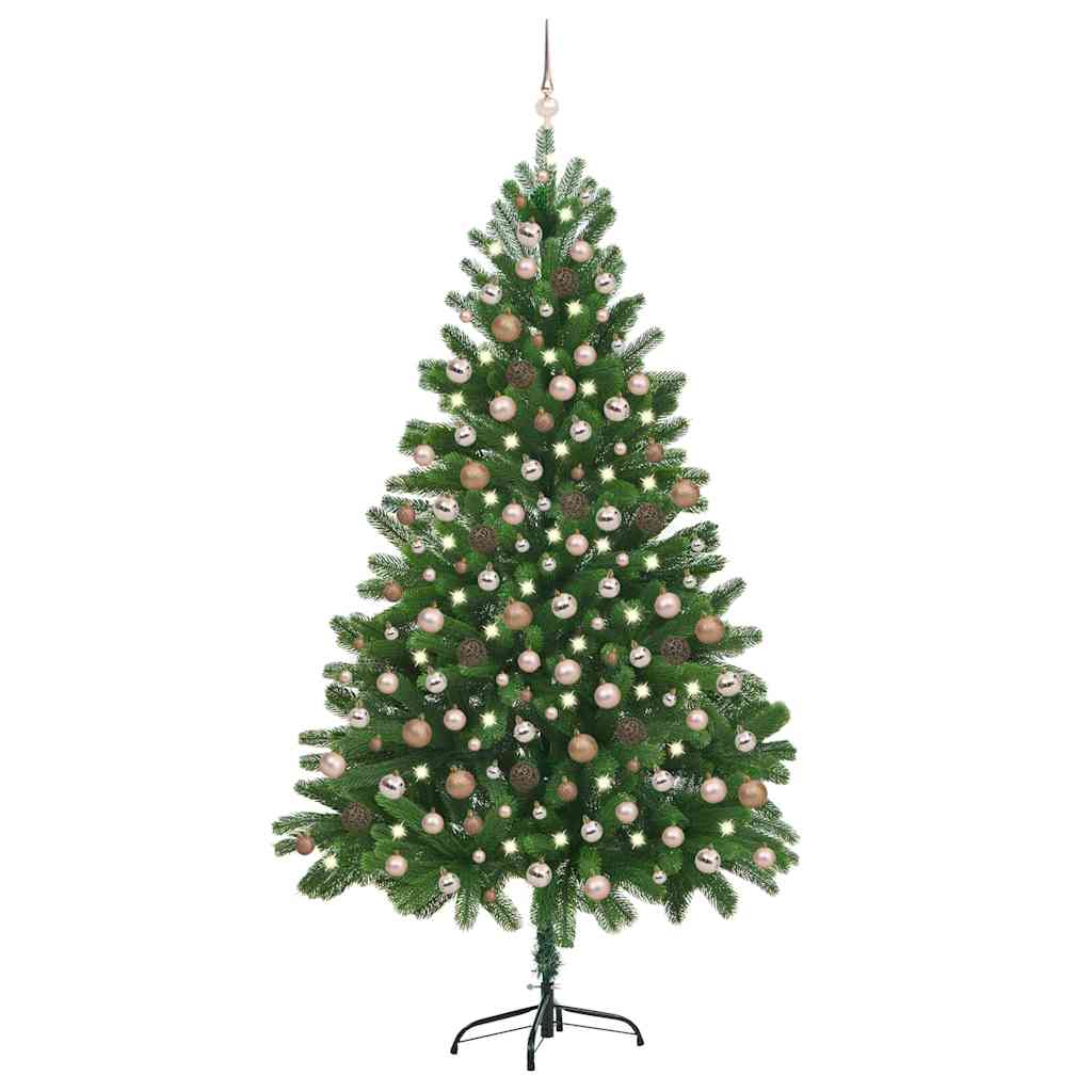 vidaXL Osvetlený umelý vianočný stromček s guľami 210 cm, zelený