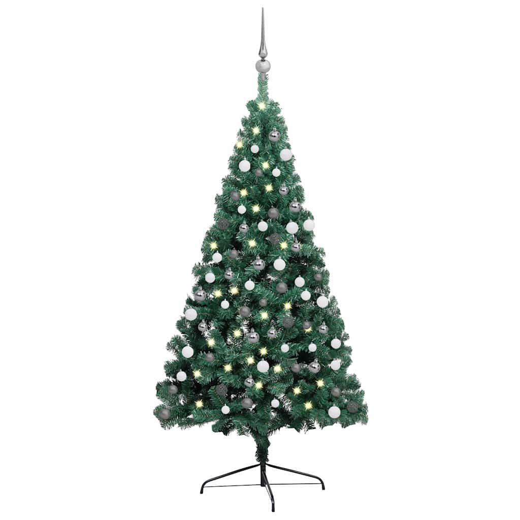 vidaXL Osvetlený umelý polovičný vianočný stromček+gule, zelený 120 cm