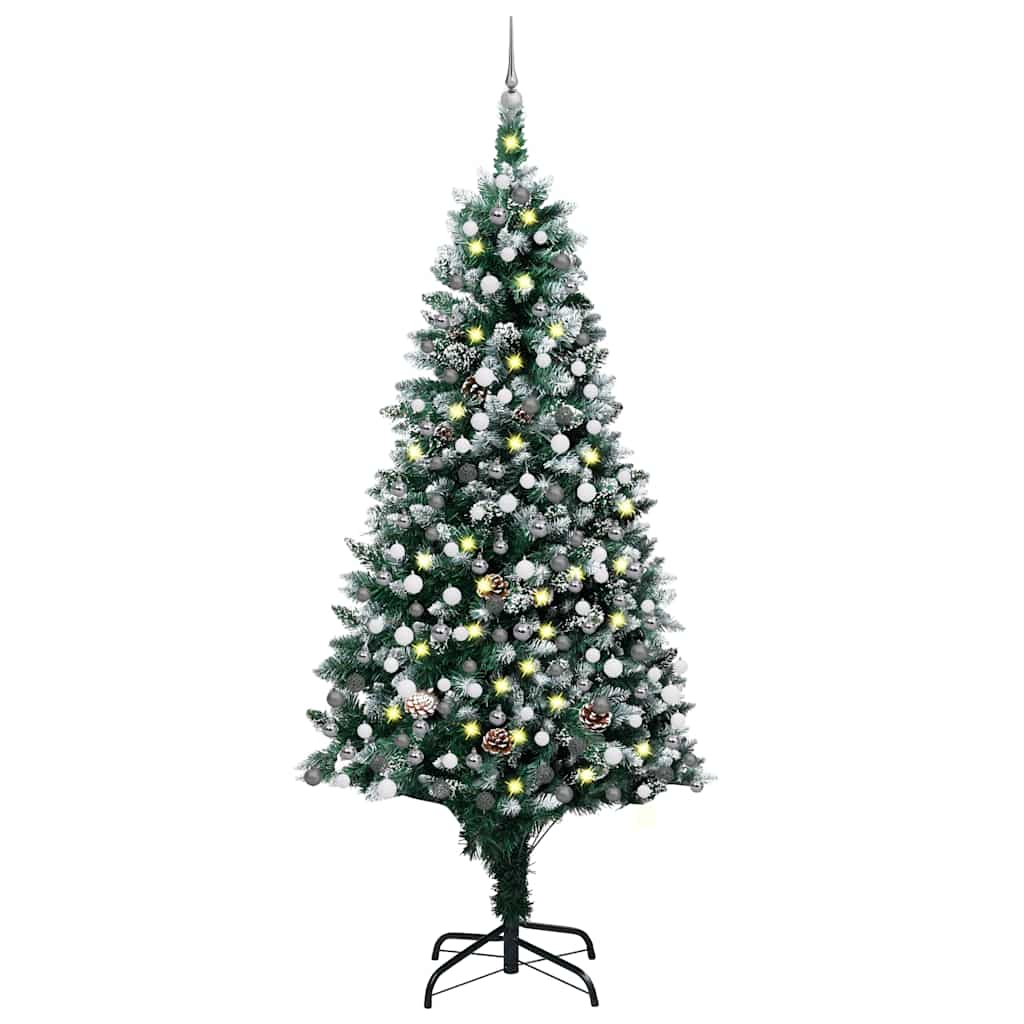 vidaXL Osvetlený umelý vianočný stromček s guľami a šiškami 240 cm
