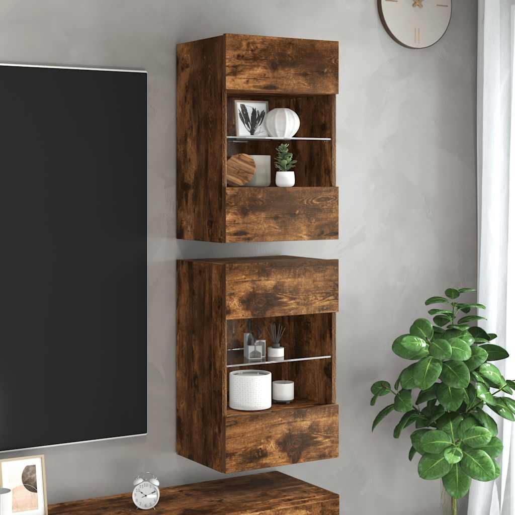 vidaXL Nástenné skrinky s LED osvetlením pre TV 2 ks dymový dub 40x30x60,5cm
