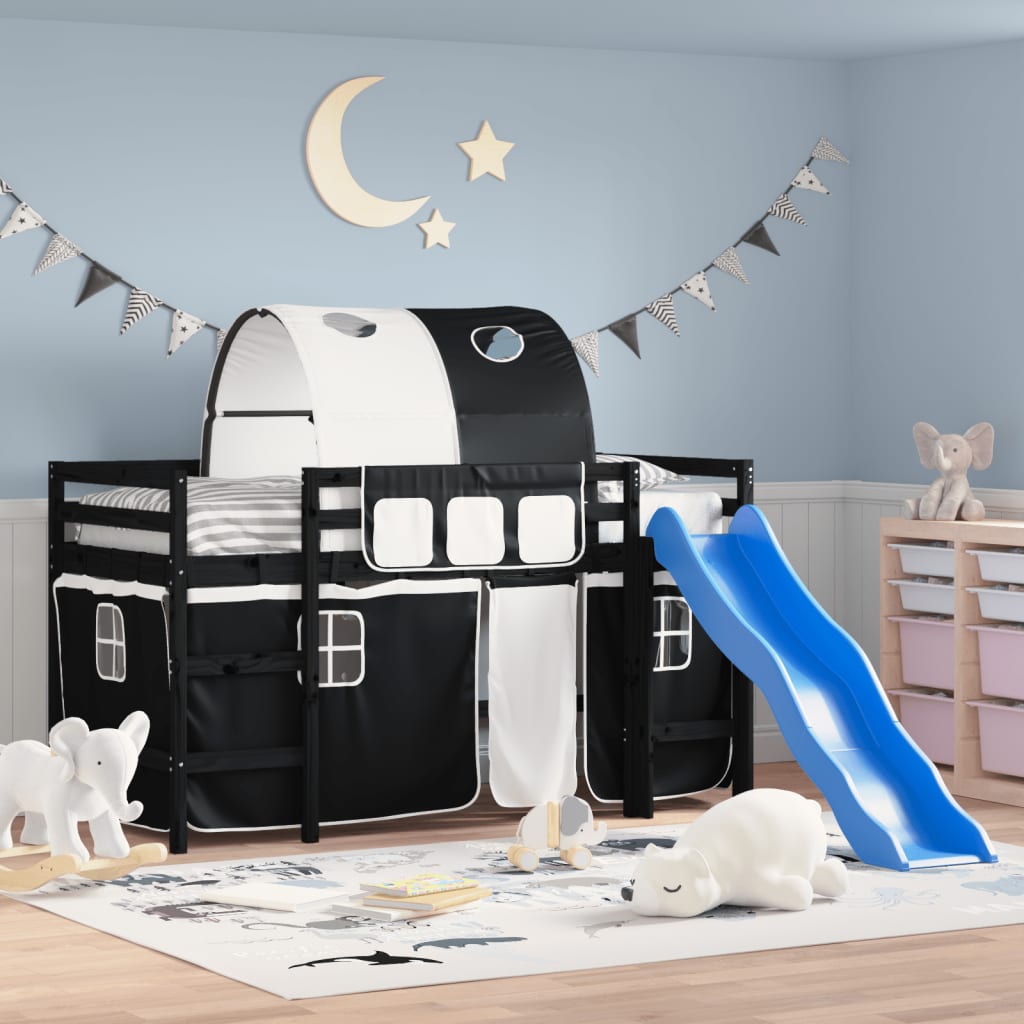 vidaXL Detská vyvýšená posteľ tunel bielo-čierna 80x200 cm borovica