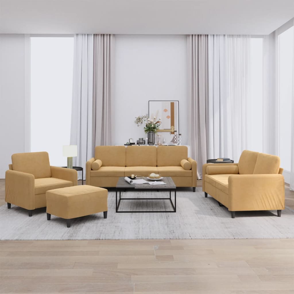 vidaXL 4-dielna sedacia súprava s vankúšmi hnedá zamat