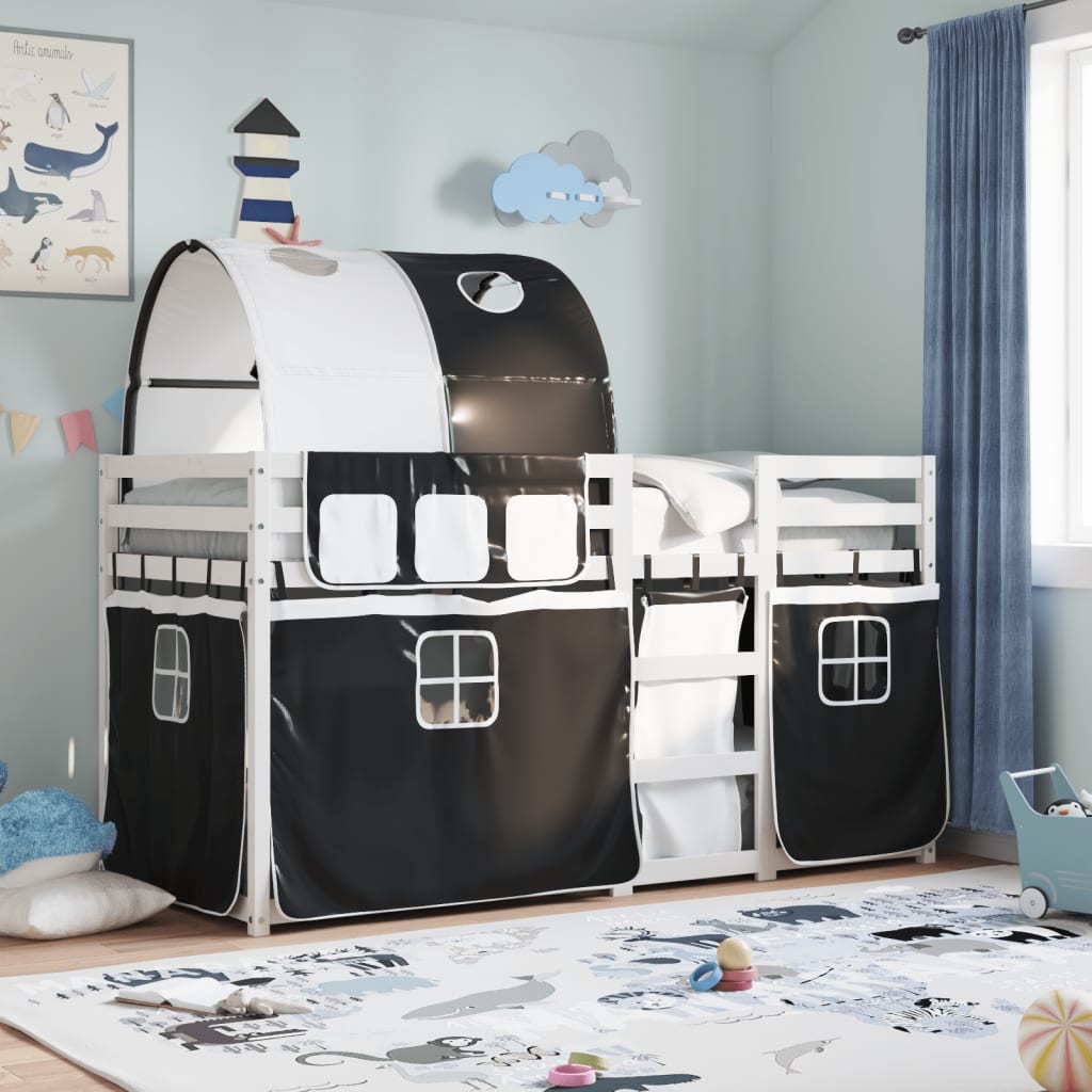 vidaXL Poschodová posteľ závesy bielo-čierna 90x190cm masívna borovica