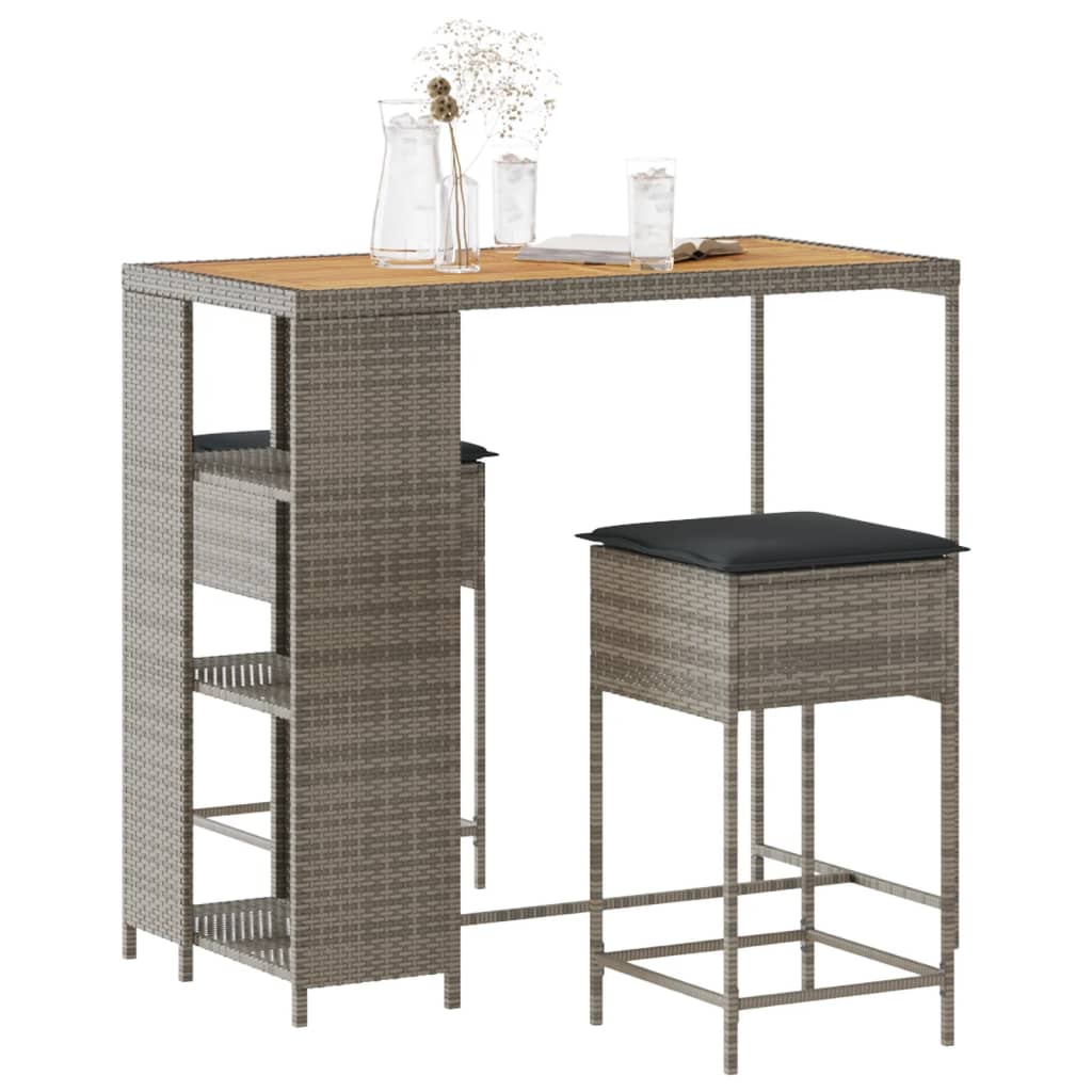 vidaXL 3-dielna záhradná barová súprava s vankúšmi sivá polyratan