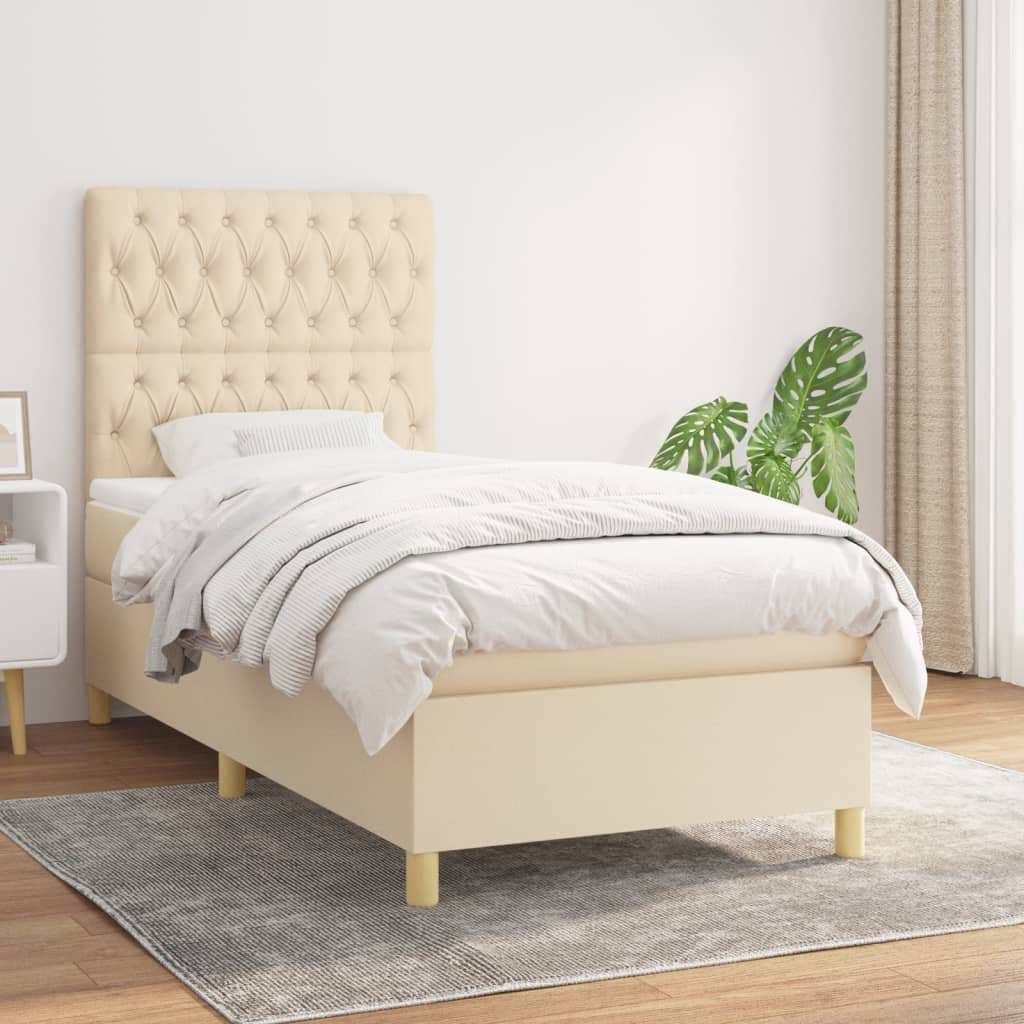 vidaXL Posteľný rám boxspring s matracom krémový 90x190 cm látka