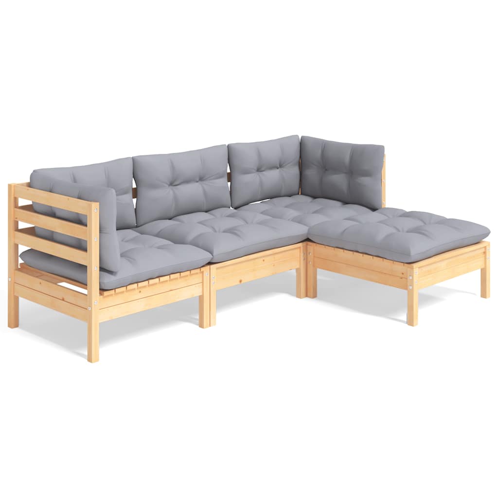 vidaXL 4-dielna záhradná súprava so sivými vankúšmi borovicový masív