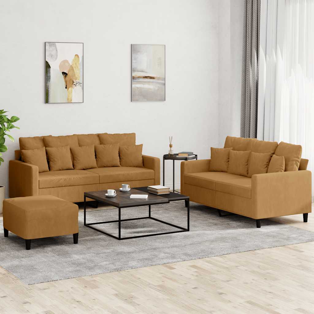 vidaXL 3-dielna sedacia súprava s vankúšmi hnedá zamat