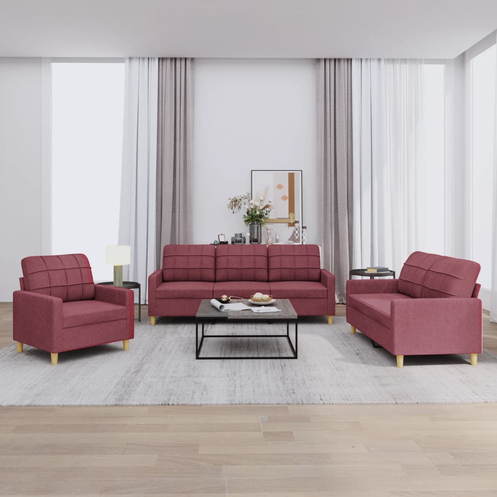 vidaXL 3-dielna sedacia súprava s vankúšmi vínová látka