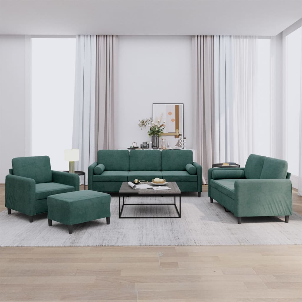 vidaXL 4-dielna sedacia súprava s vankúšmi tmavozelená zamat