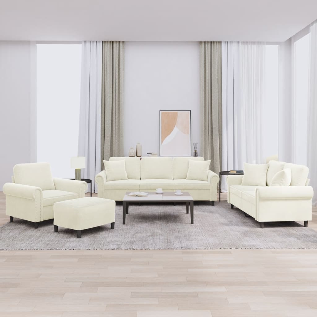 vidaXL 4-dielna sedacia súprava s vankúšmi krémová zamat