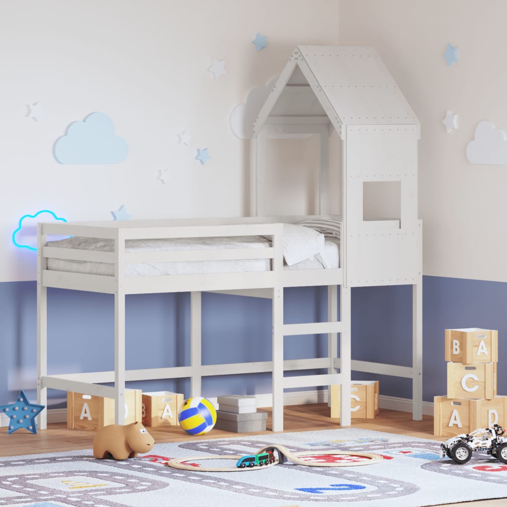 vidaXL Vyvýšená posteľ rebrík strecha biela 90x190 cm masívna borovica