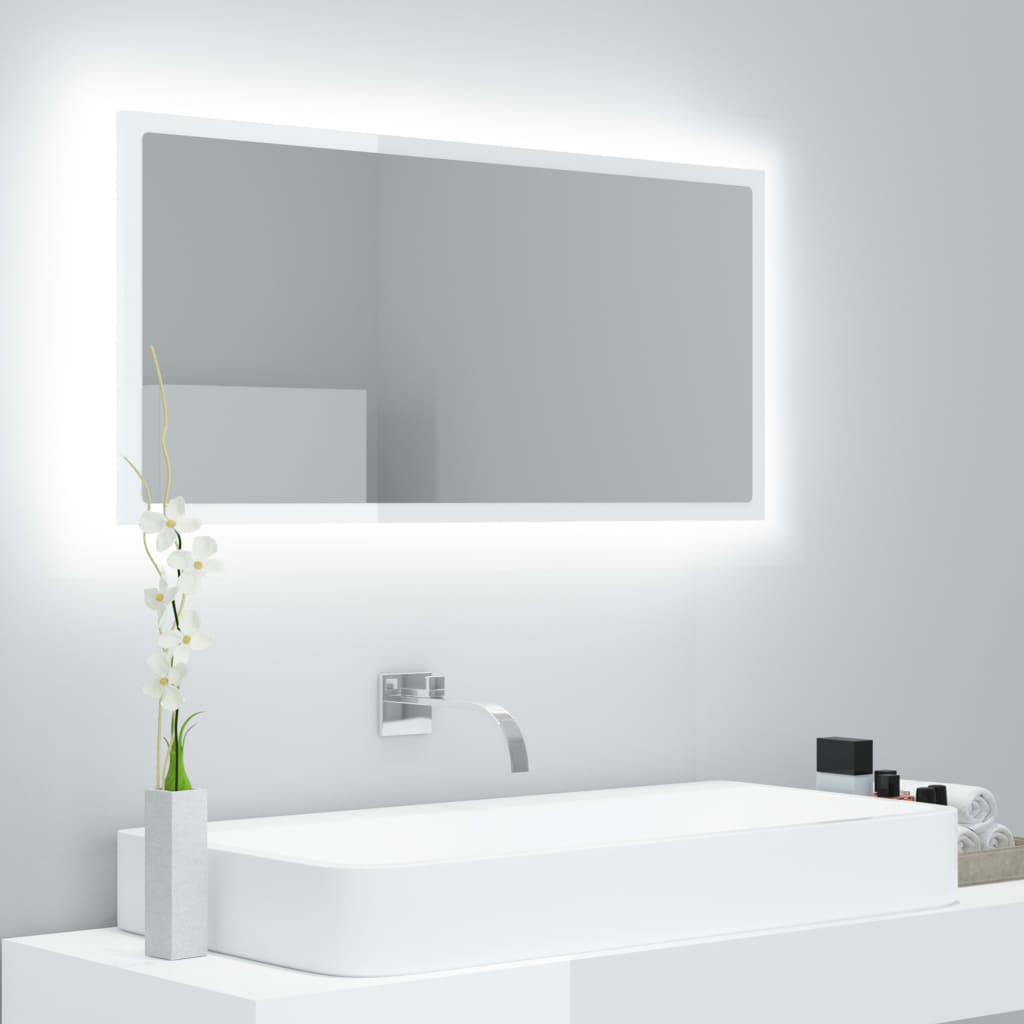 vidaXL LED kúpeľňové zrkadlo lesklé biele 90x8,5x37 cm akryl