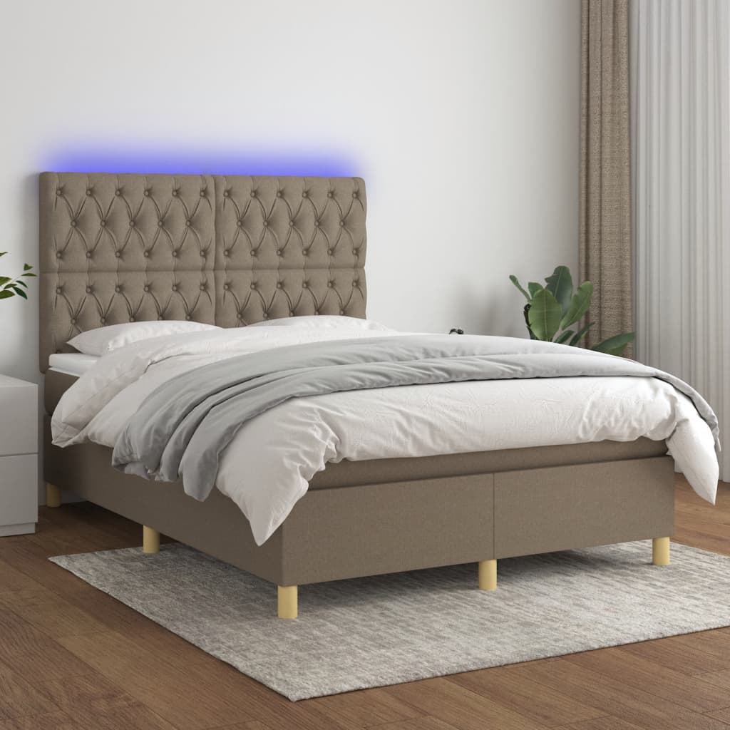 vidaXL Posteľ boxsping s matracom a LED sivohnedá 140x200 cm látka