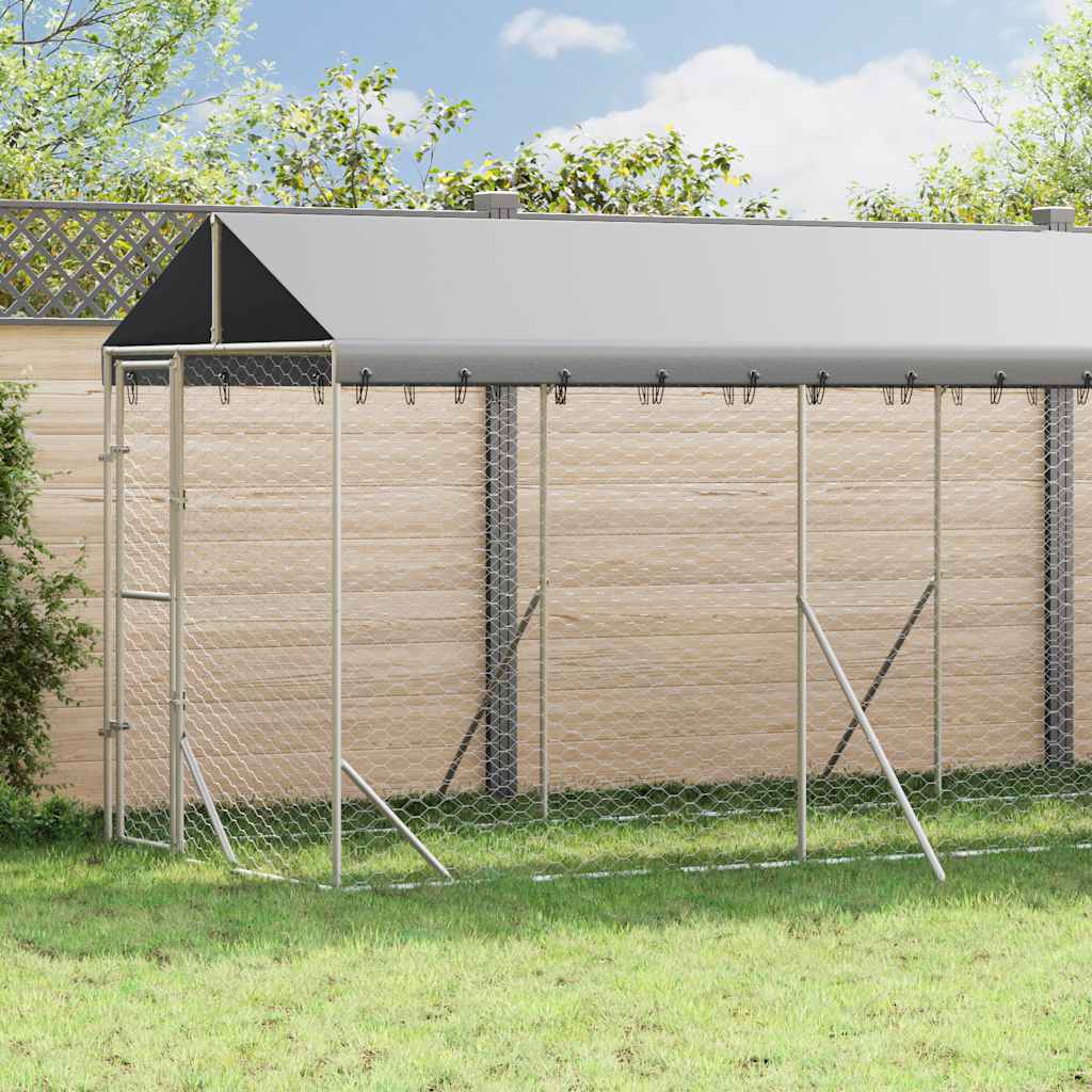 vidaXL Vonkajší koterec pre psov so strechou striebor. 2x14x2,5m oceľ