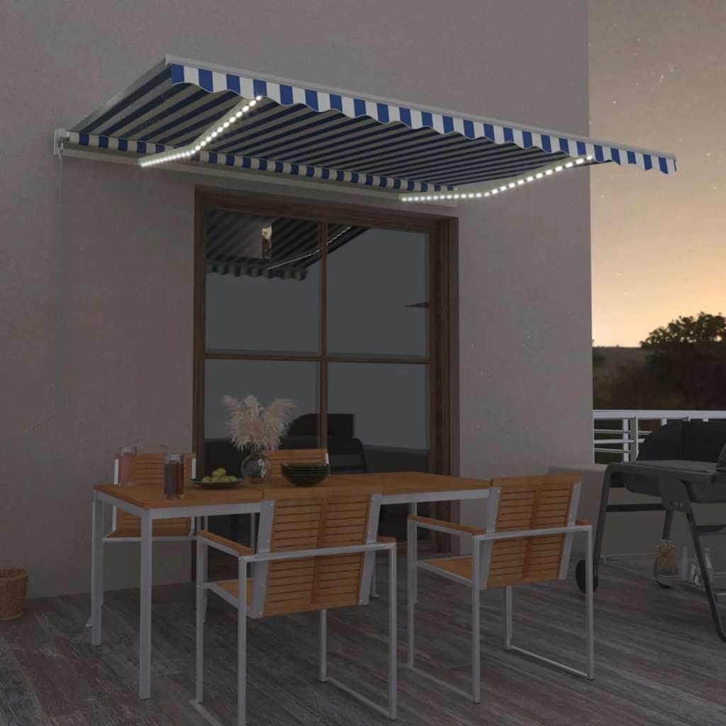 E-shop vidaXL Automatická markíza, LED a senzor vetra 400x350 cm, modrá/biela
