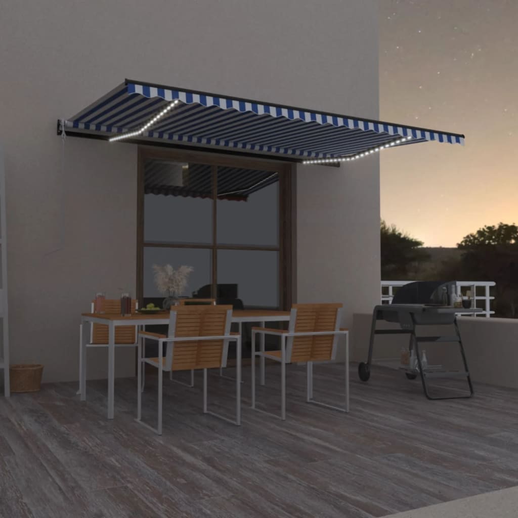 E-shop vidaXL Automatická markíza, LED a senzor vetra 500x350 cm, modrá/biela