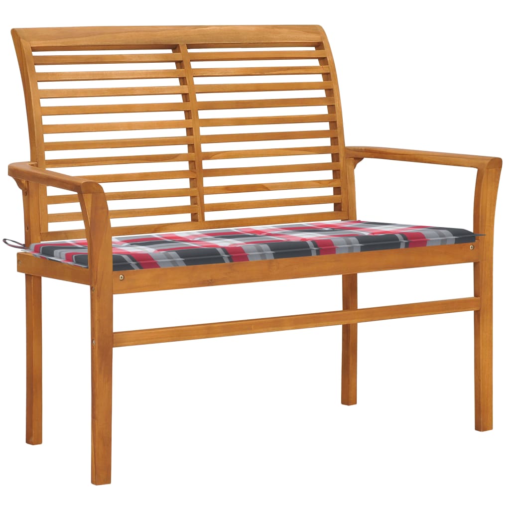 E-shop vidaXL Záhradná lavička+červená kockovaná podložka 112cm, tíkový masív