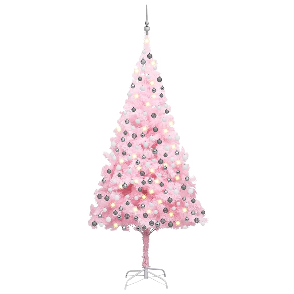 E-shop vidaXL Osvetlený umelý vianočný stromček s guľami, ružový 210 cm, PVC