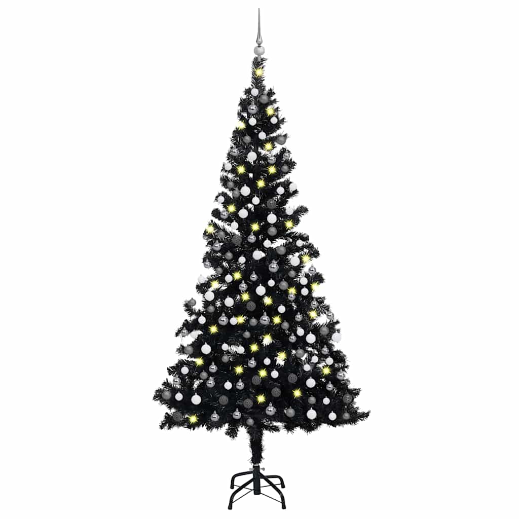 E-shop vidaXL Osvetlený umelý vianočný stromček s guľami, čierny 210 cm, PVC