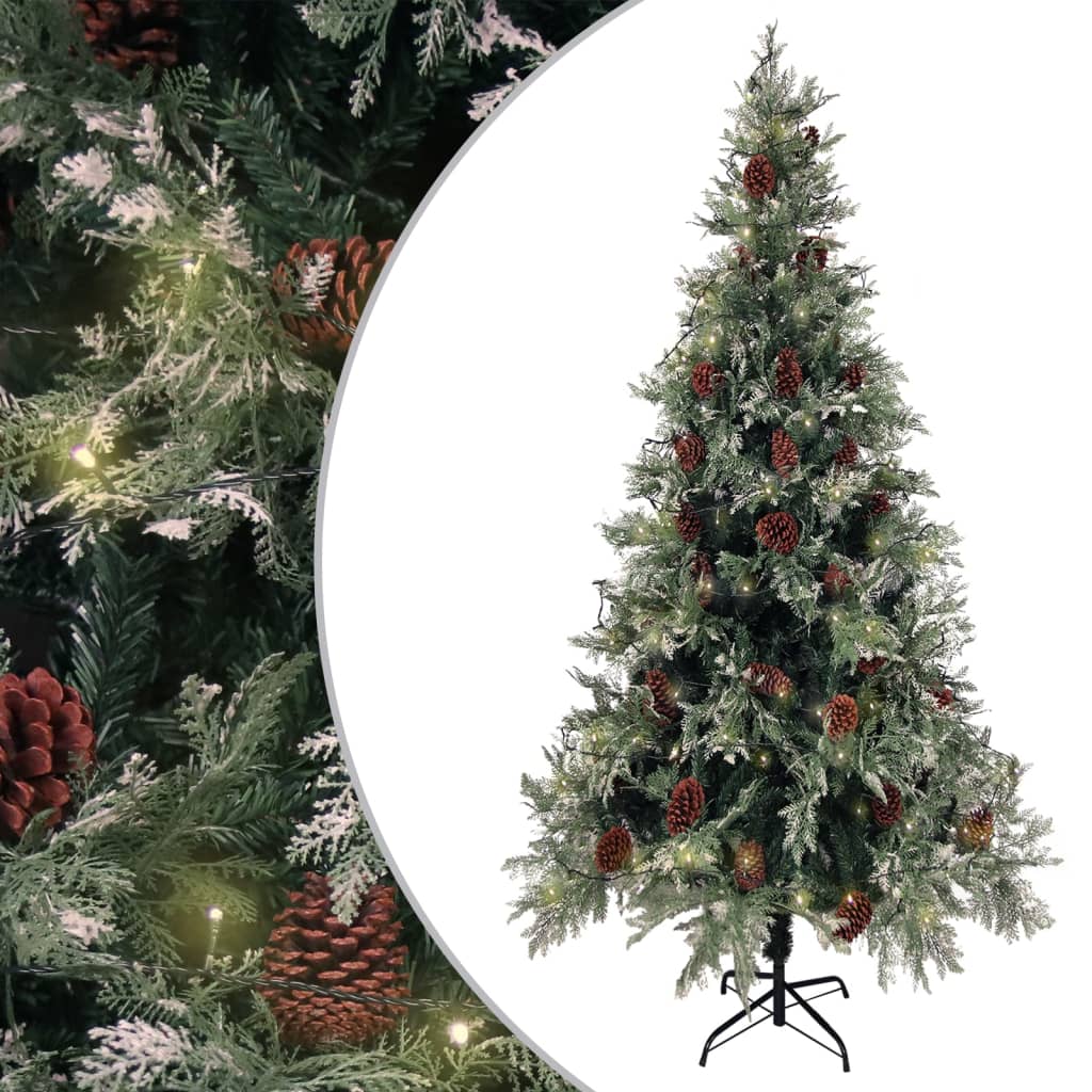 E-shop vidaXL Osvetlený vianočný stromček+šišky, zeleno biely 225cm, PVC a PE