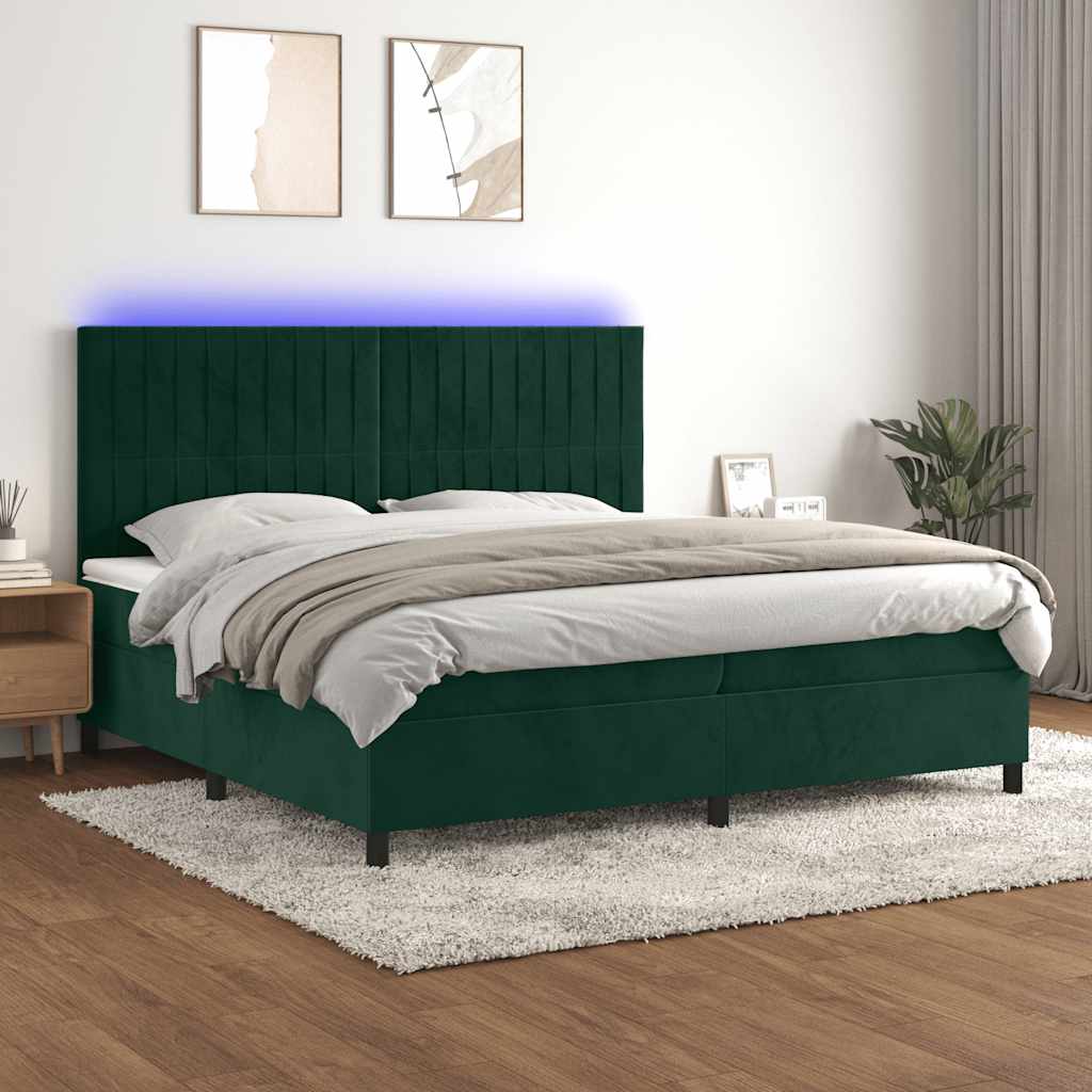 E-shop vidaXL Posteľný rám boxsping matrac a LED tmavozelený 200x200 cm zamat