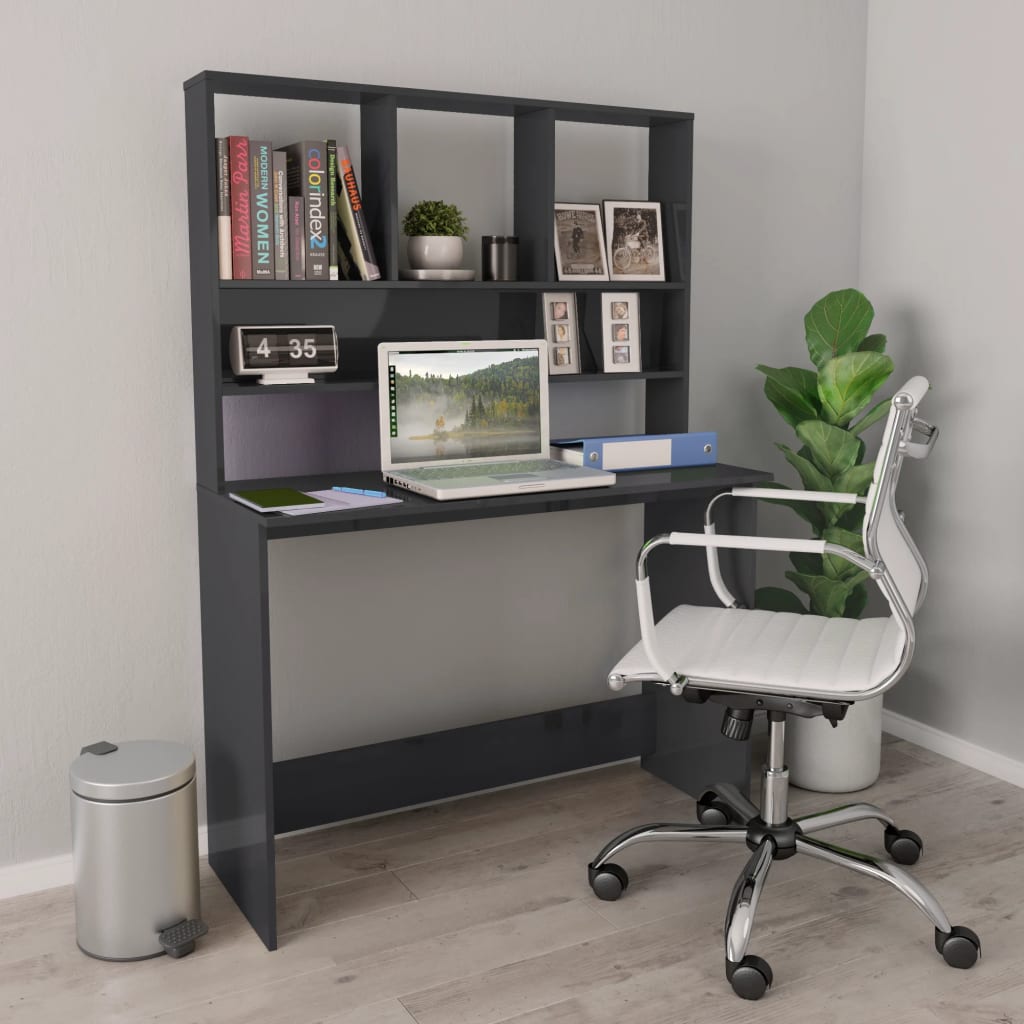 E-shop vidaXL Stôl s policami, lesklý sivý 110x45x157 cm, kompozitné drevo