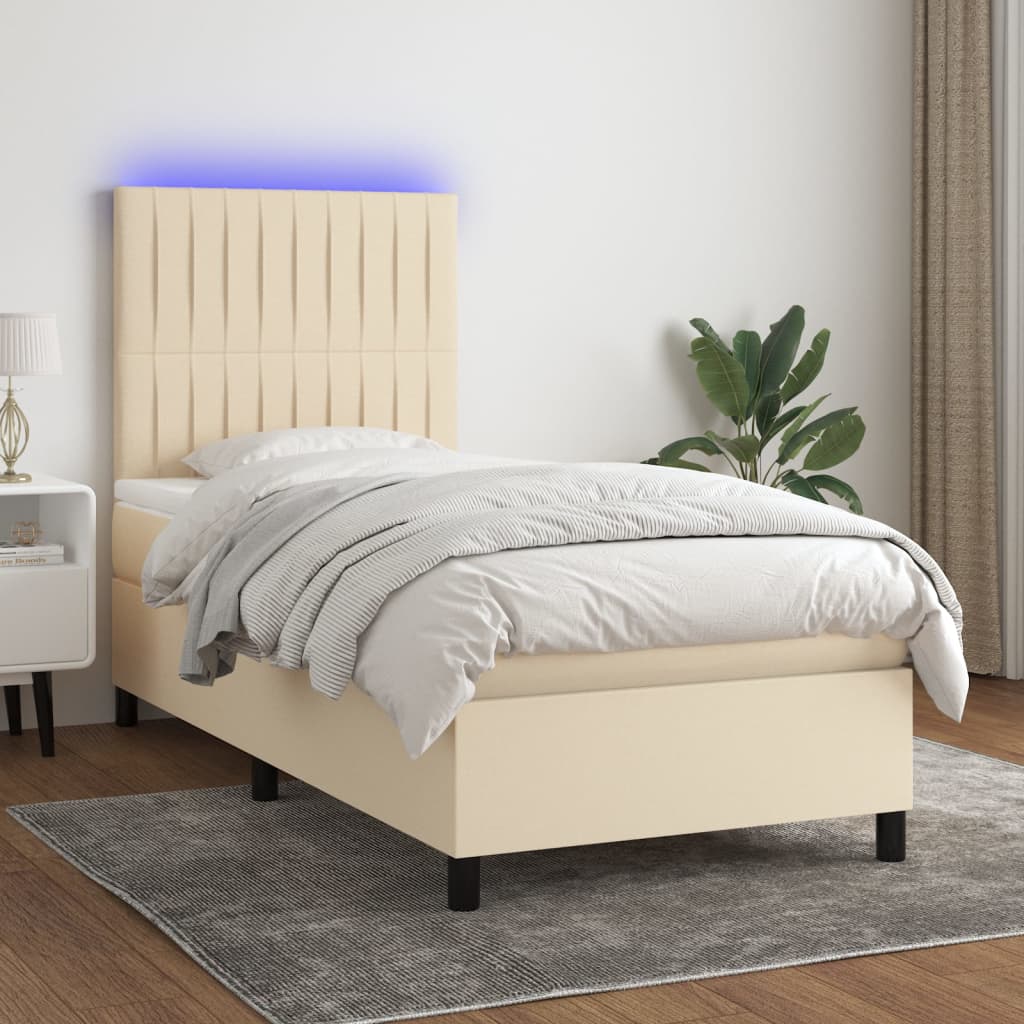 E-shop vidaXL Posteľ boxsping s matracom a LED krémová 100x200 cm látka