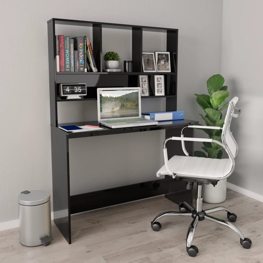 E-shop vidaXL Stôl s policami, lesklý čierny 110x45x157 cm, kompozitné drevo