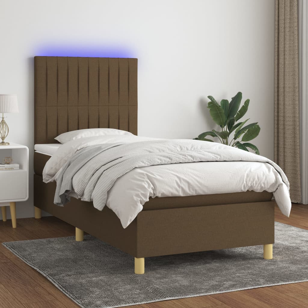 E-shop vidaXL Posteľ boxsping s matracom a LED tmavohnedá 90x190 cm látka