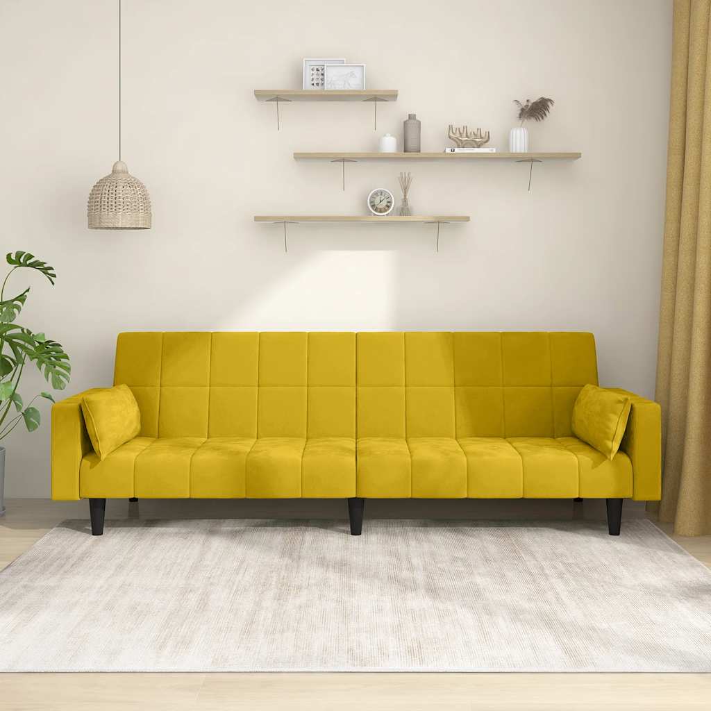 E-shop vidaXL 2-miestna rozkladacia pohovka s 2 vankúšmi, žltá, zamat