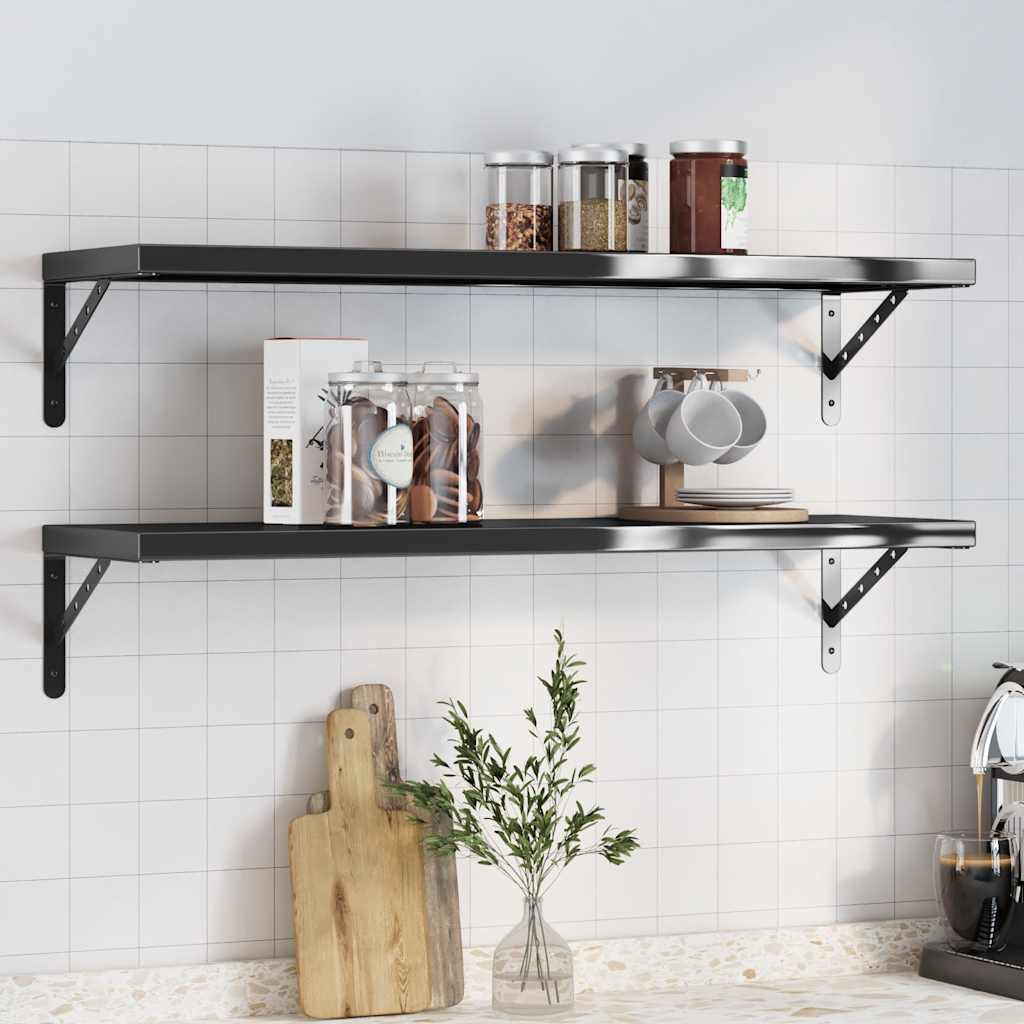E-shop vidaXL Nástenné police 2 ks 100x30 cm, čierne, nehrdzavejúca oceľ
