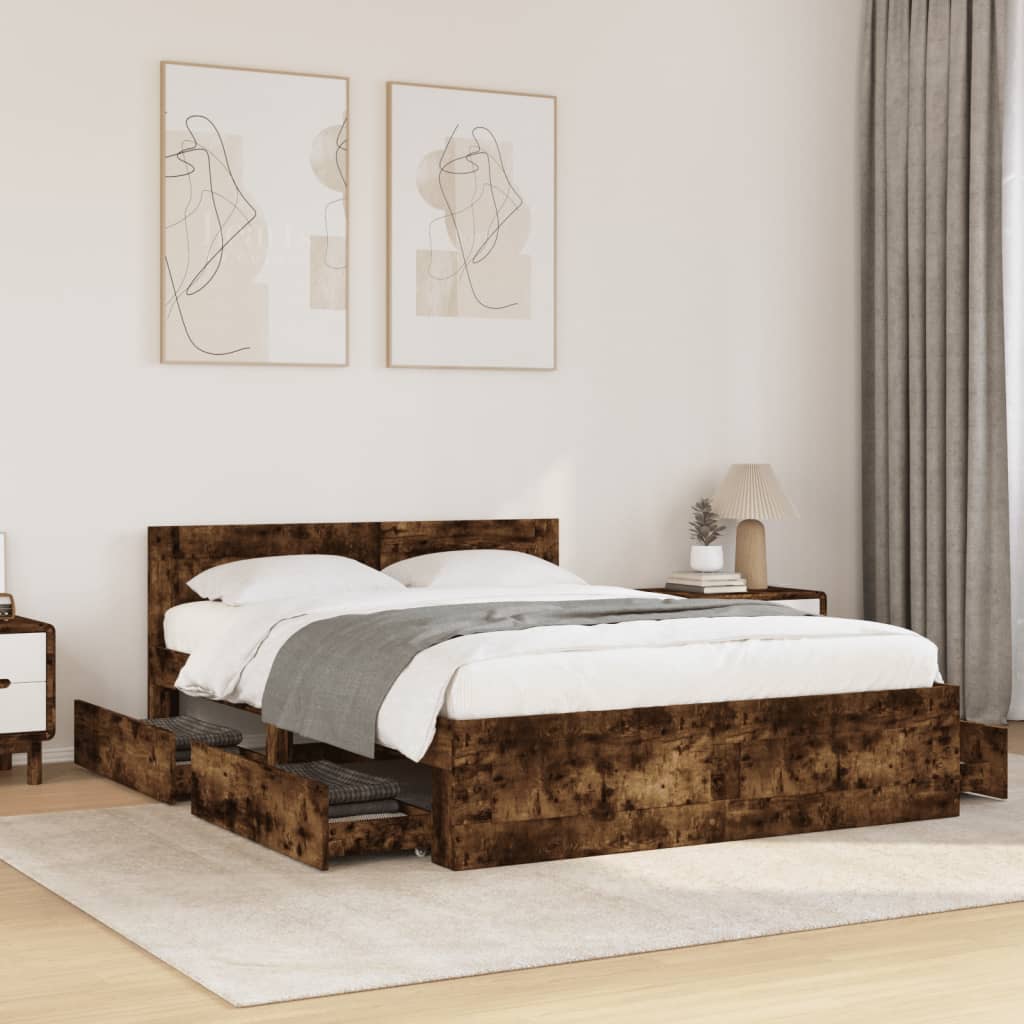 E-shop vidaXL Posteľný rám s čelom dymový dub 120x200 cm kompozitné drevo