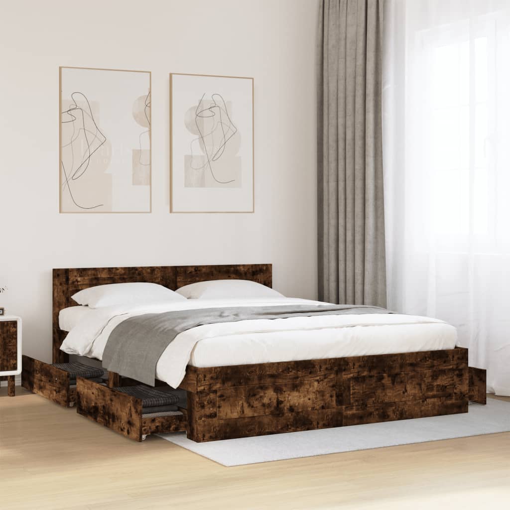 E-shop vidaXL Posteľný rám s čelom dymový dub 160x200 cm kompozitné drevo