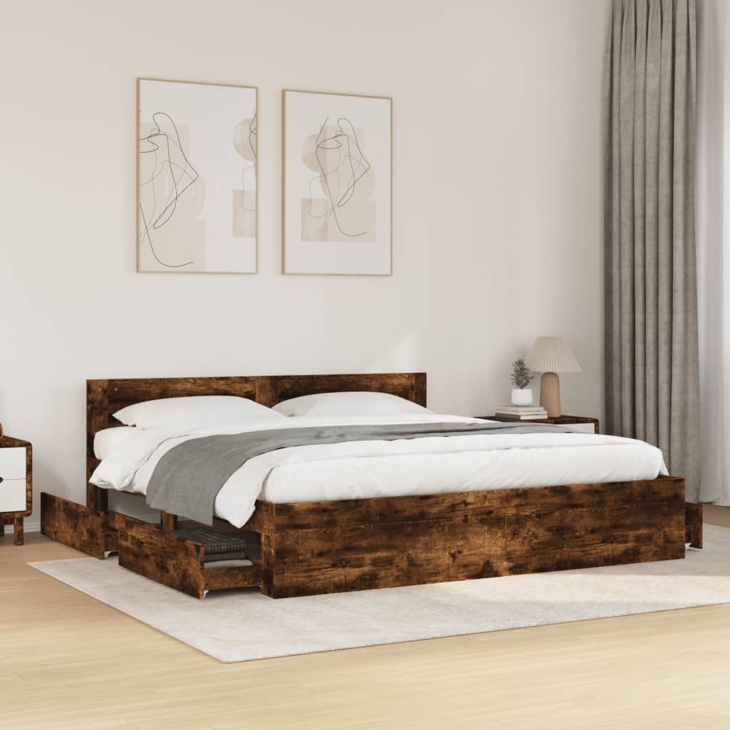 E-shop vidaXL Posteľný rám s čelom dymový dub 200x200 cm kompozitné drevo