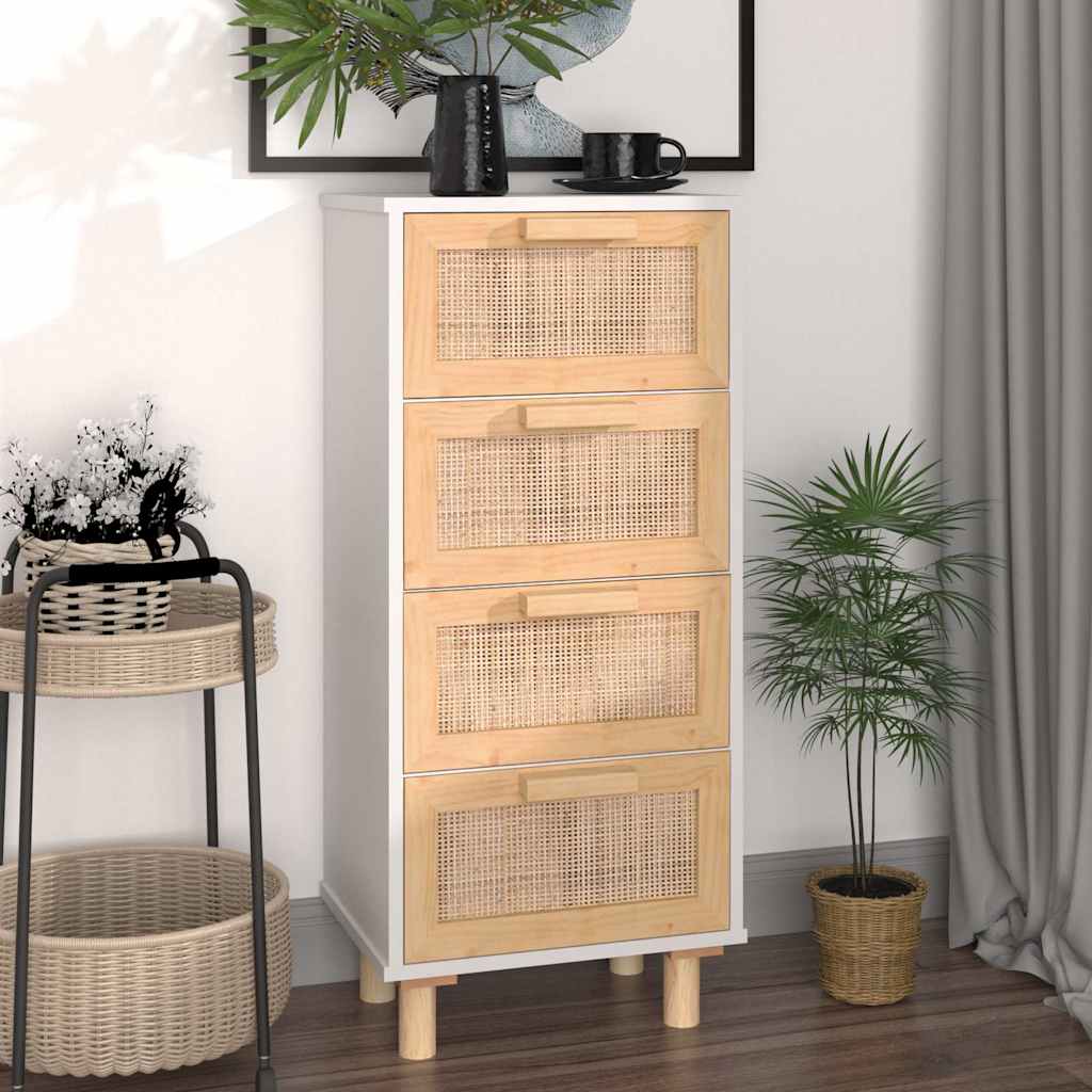 E-shop vidaXL Komoda biela 40x30x90 cm masívna borovica a prírodný ratan
