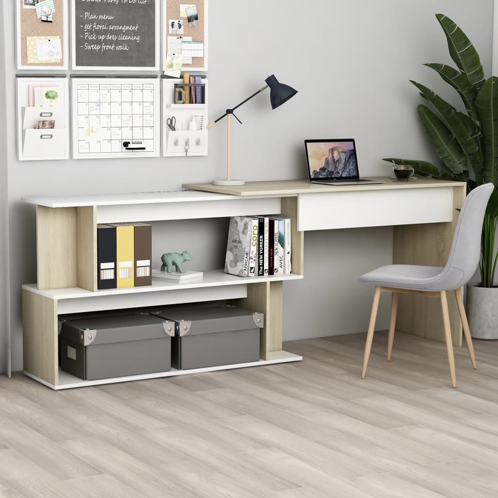 E-shop vidaXL Rohový stôl, biela a dub sonoma 200x50x76 cm, kompozitné drevo