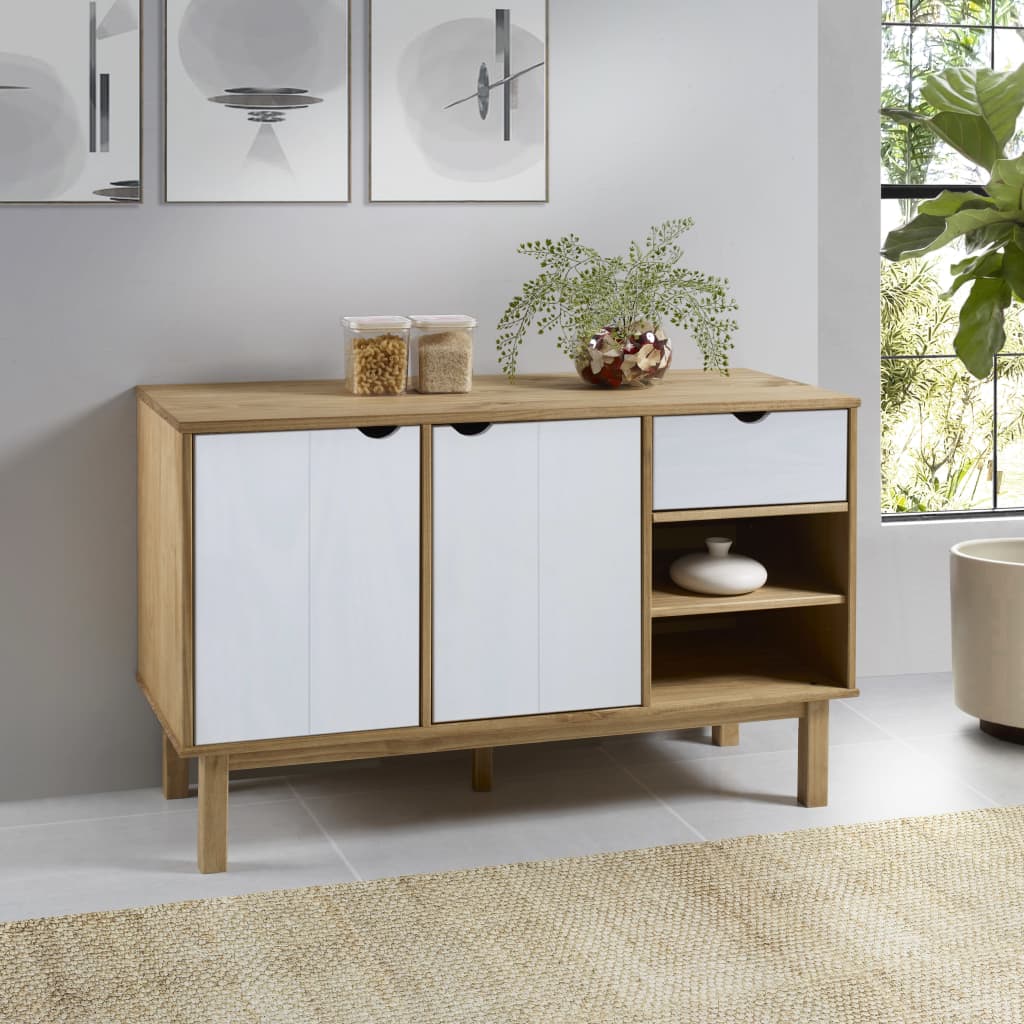 E-shop vidaXL Komoda OTTA, hnedo biela 114x43x73,5 cm, borovicový masív