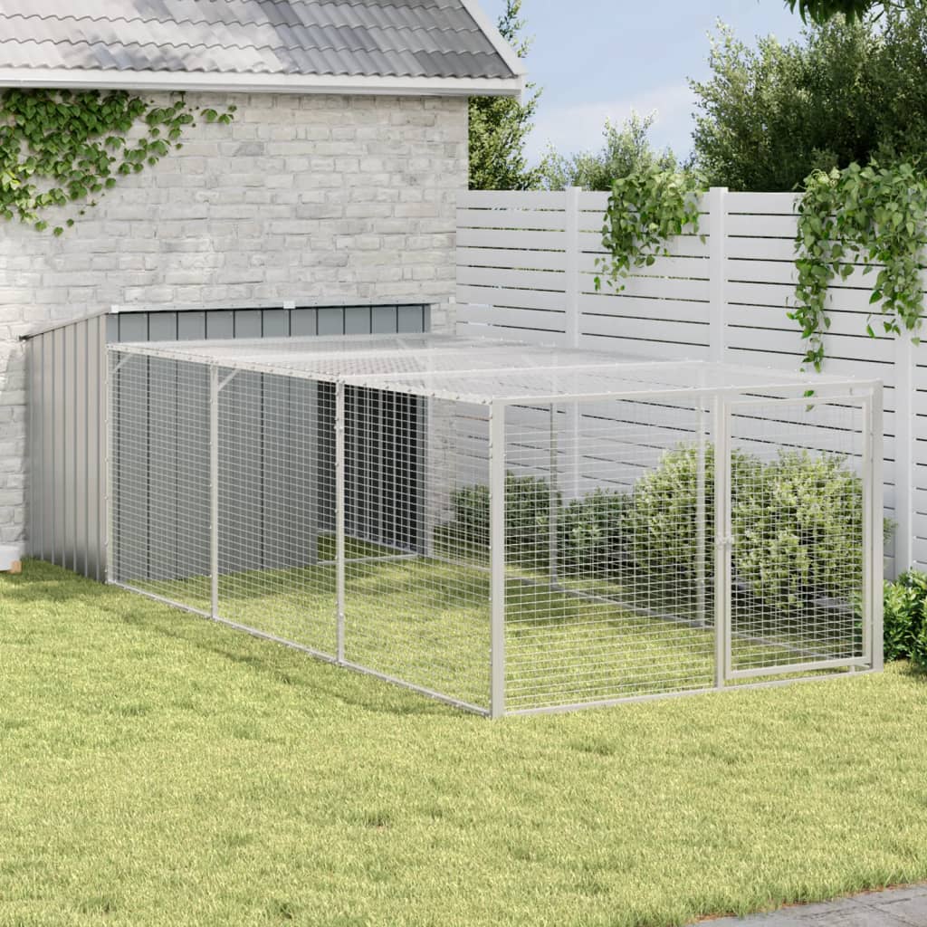 E-shop vidaXL Psí domček s výbehom, antracitový 153x396x110 cm, pozinkovaná oceľ