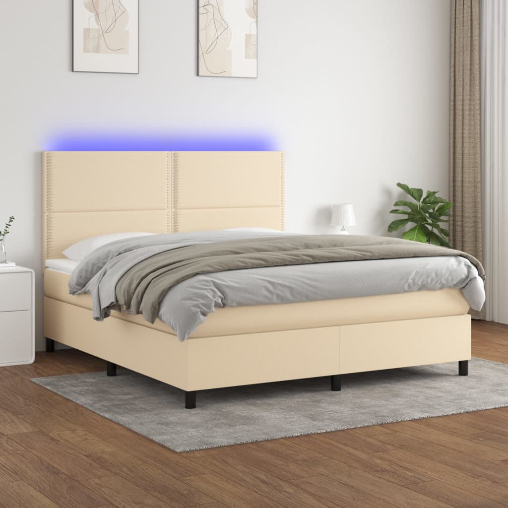 E-shop vidaXL Posteľ boxsping s matracom a LED krémová 180x200 cm látka