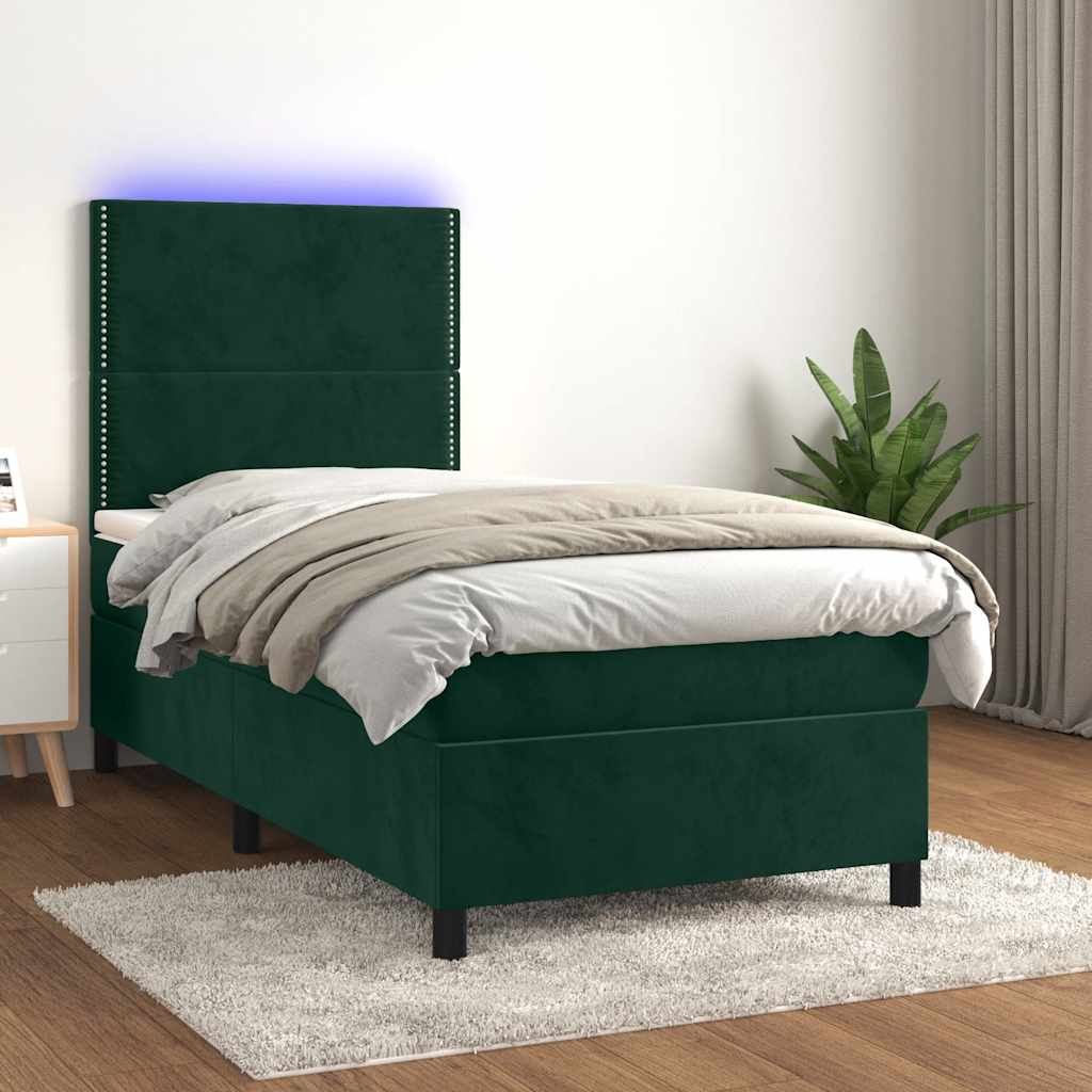 E-shop vidaXL Posteľný rám boxsping matrac a LED tmavozelený 90x200 cm zamat