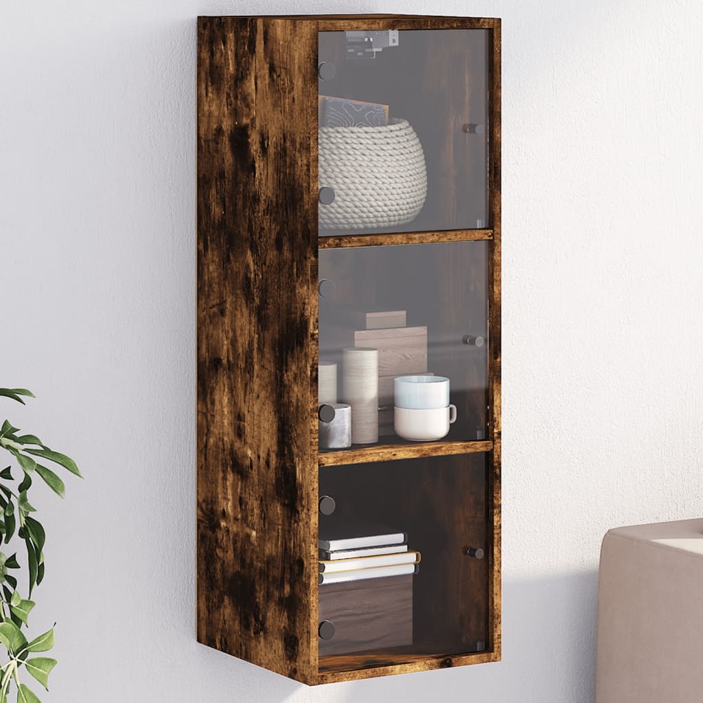E-shop vidaXL Bočná skrinka so sklenenými dvierkami dymový dub 35x37x100 cm
