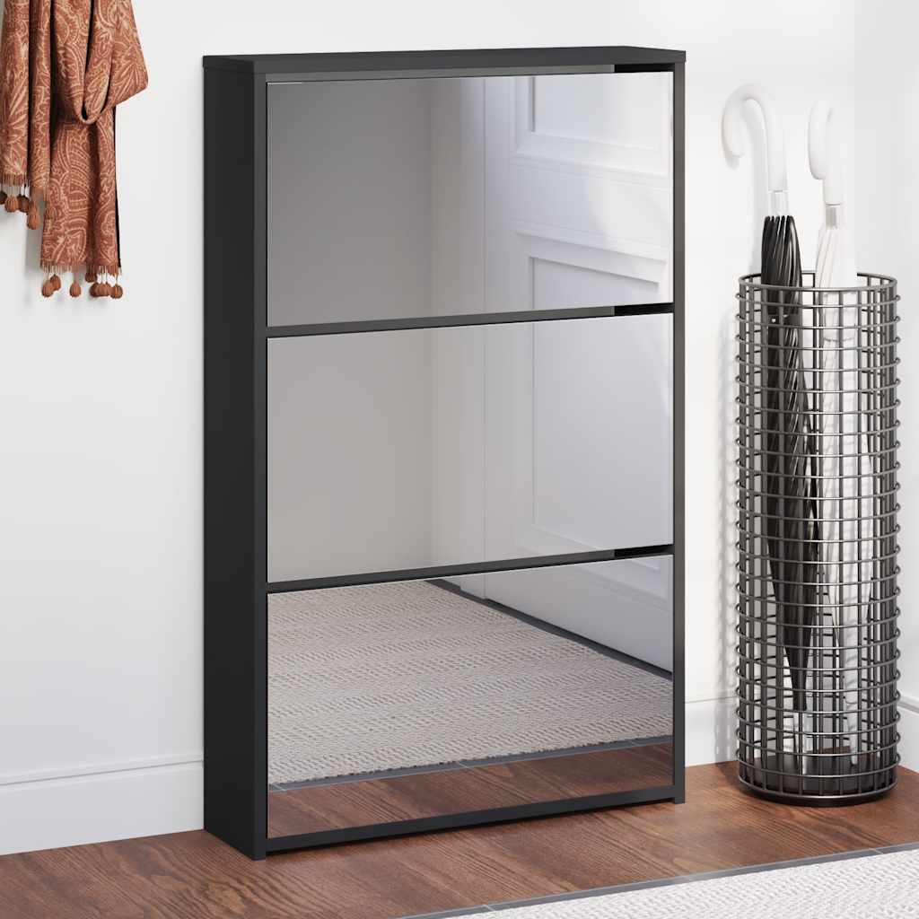 E-shop vidaXL Skrinka na topánky so zrkadlom, 3-poschodová, čierna, 63x17x102,5 cm