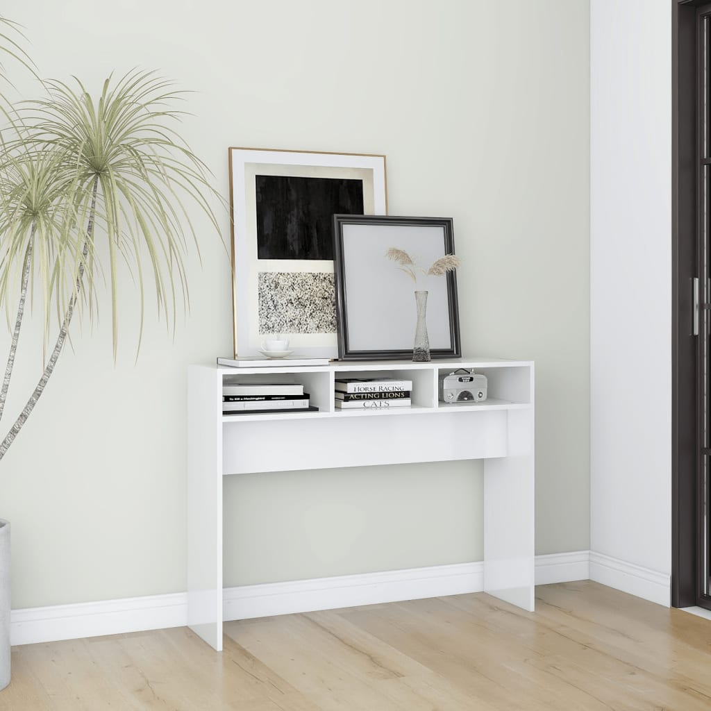E-shop vidaXL Konzolový stolík, lesklý biely 105x30x80 cm, kompozitné drevo