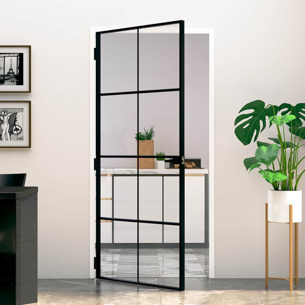 E-shop vidaXL Vnútorné dvere čierne 93x201,5 cm tvrdené sklo a hliník úzke