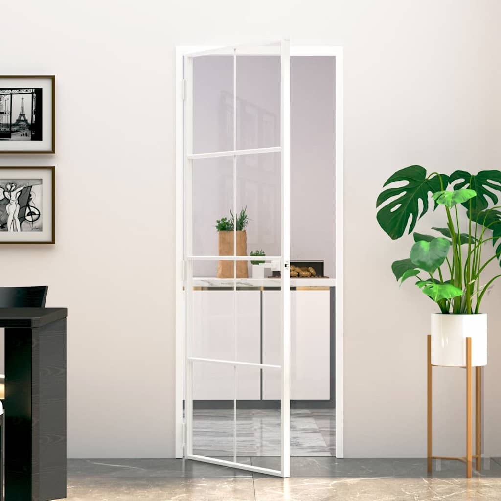 E-shop vidaXL Interiérové dvere biele 76x201,5 cm tvrdené sklo a hliník úzke