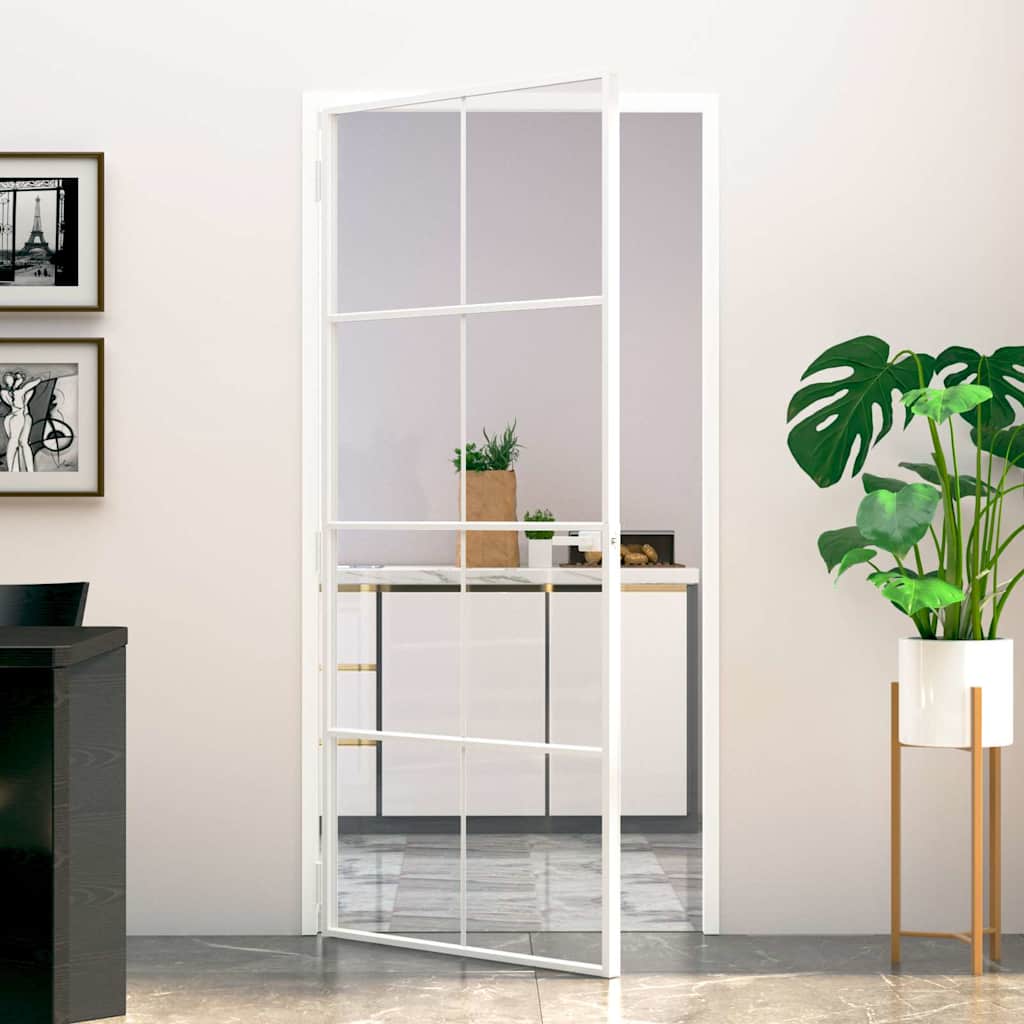 E-shop vidaXL Vnútorné dvere biele 93x201,5 cm tvrdené sklo a hliník úzke