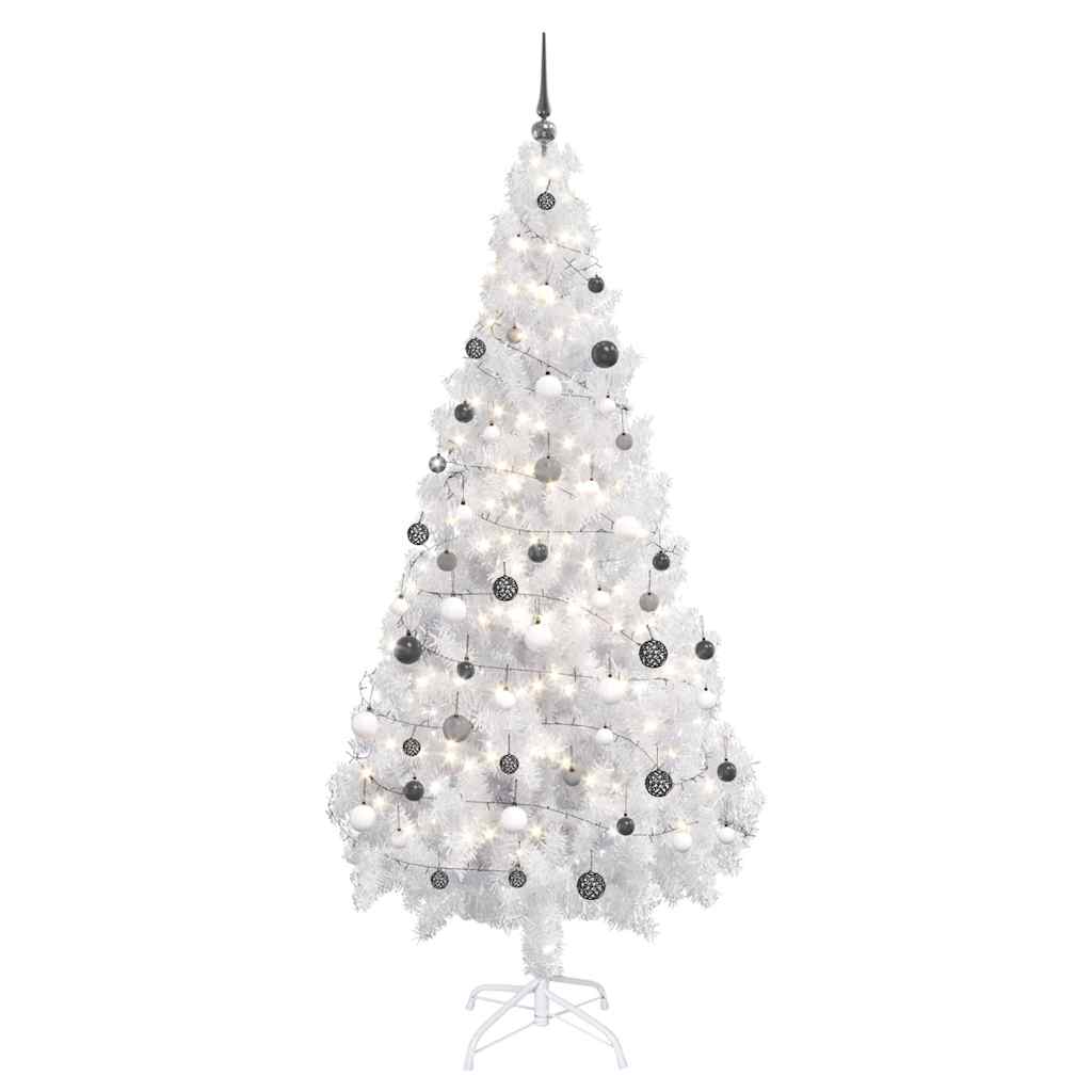 E-shop vidaXL Osvetlený umelý vianočný stromček s guľami, biely 180 cm, PVC