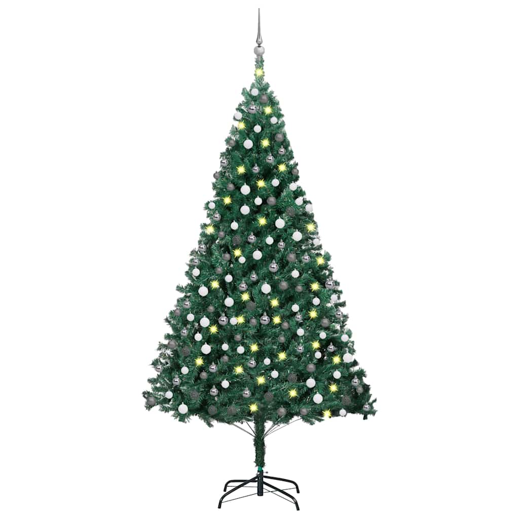 E-shop vidaXL Osvetlený umelý vianočný stromček s guľami, zelený 210 cm, PVC